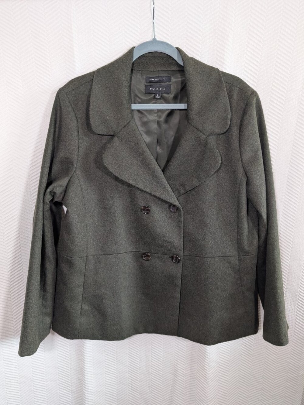 Talbots Double Breasted Jacket Brushed Wool Blend Olive Green Blazer Size 16